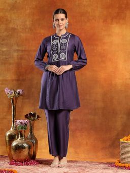 Nayam by lakshita - Purple Mandarin Neck Embroidered Kurta and Pant