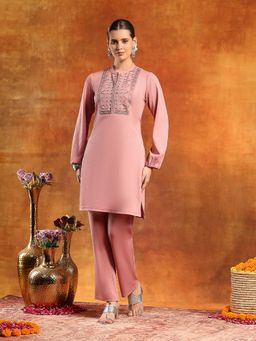 Nayam by lakshita - Pink Mandarin Neck Embroidered Kurta and Pant