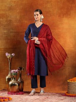 Nayam by lakshita - Navy Blue V-Neck Embroidered Kurta and Pant with Dupatta