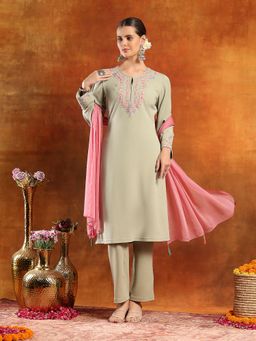 Nayam by lakshita - Green Round Neck Embroidered Kurta and Pant with Dupatta