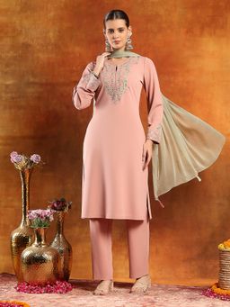 Nayam by lakshita - Peach Round Neck Embroidered Kurta and Pant with Dupatta