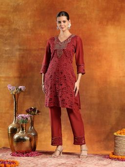 Nayam by lakshita - Maroon V-Neck Embroidered Kurta and Pant