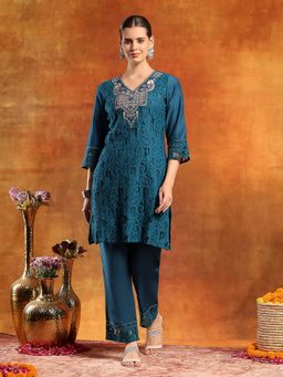 Nayam by lakshita - Teal V-Neck Embroidered Kurta and Pant