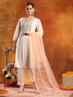 Nayam by lakshita - White V-Neck Embroidered Kurta and Pant with Dupatta