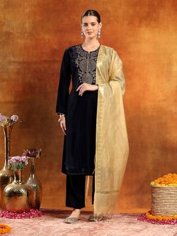 Nayam by lakshita - Navy Blue Round Neck Embroidered Kurta and Pant with Dupatta