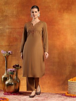 Nayam by lakshita - Brown Round Neck Embroidered Kurta and Pant