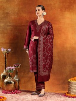 Nayam by lakshita - Maroon V-Neck Embroidered Kurta and Pant Dupatta