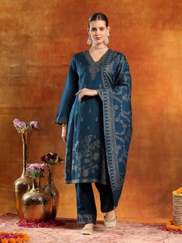 Nayam by lakshita - Teal V-Neck Embroidered Kurta and Pant Dupatta