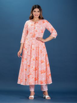 ARAMYA - Orange Tie Up Neck Floral Anarkali Kurta and Pant
