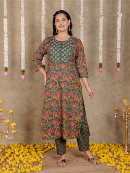 ARAMYA - Green Round Neck Floral Kurta and Pant