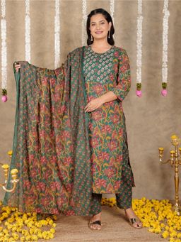 ARAMYA - Green Round Neck Floral Kurta and Pant with Dupatta