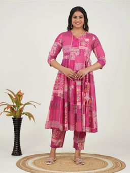 ARAMYA - Pink V-Neck Printed Kurta and Pant