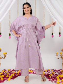 ARAMYA - Purple Round Neck Printed Kaftan Kurta and Pant