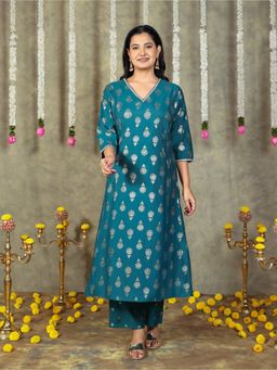 ARAMYA - Teal V-Neck Printed Kurta and Palazzo