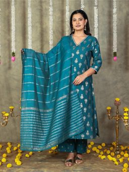 ARAMYA - Blue V-Neck Printed Kurta and Pant with Dupatta