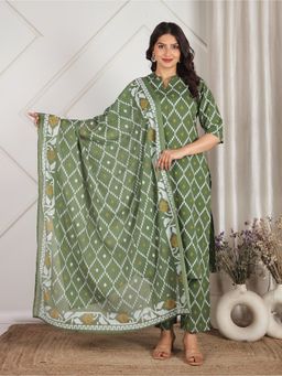 ARAMYA - Green Mandarin Neck Geometric Kurta and Pant with Dupatta