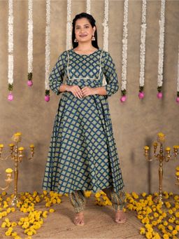 ARAMYA - Green Round Neck Printed Anarkali Kurta and Salwar