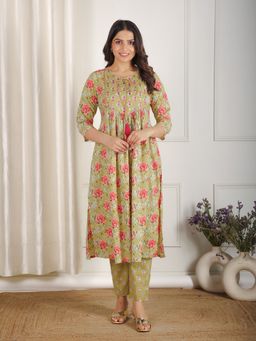 ARAMYA - Green Tie up Neck Floral Kurta and Pant