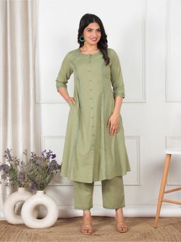 ARAMYA - Green Round Neck Plain Kurta and Pant