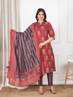 ARAMYA - Red Mandarin Neck Ethnic Kurta and Pant with Dupatta