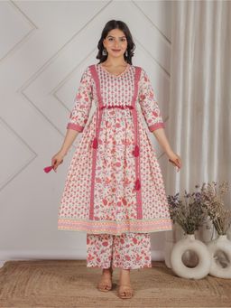 ARAMYA - Off White V-Neck Floral Kurta and Palazzo