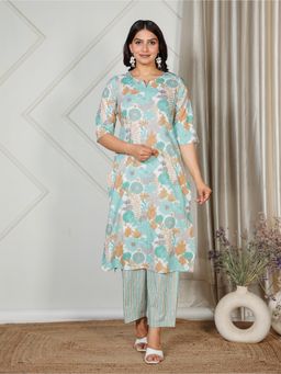 ARAMYA - Teal Round Neck Floral Kurta and Pant