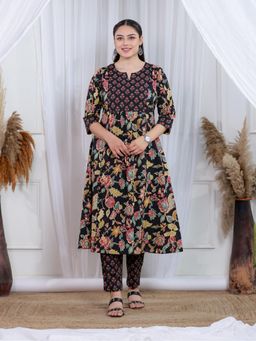 ARAMYA - Black Round Neck Floral Anarkali Kurta and Pant