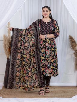 ARAMYA - Black Round Neck Floral Kurta and Pant with Dupatta