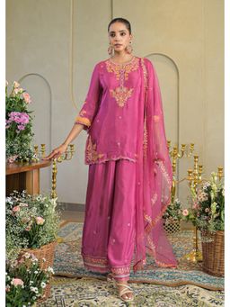 Zolo Label - Magenta Round Neck Embroidered Kurta and Palazzo with Dupatta