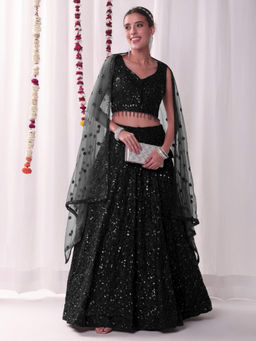 Chhabra 555 - All Over Sequin Embroidery Lehenga with Tasselled Choli & Dupatta Black (Set of 3)