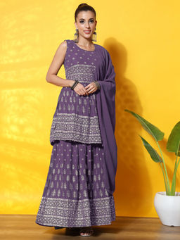 Chhabra 555 - Foil Print Peplum Kurti with Flared Gharara & Dupatta Purple (Set of 3)