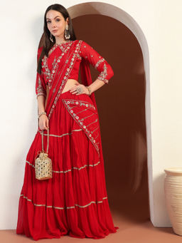 Chhabra 555 - Mirror Work Tiered Lehenga with Embroidery Choli & Drape Dupatta Red (Set of 3)