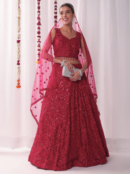 Chhabra 555 - All Over Sequin Embroidery Lehenga with Tasselled Choli & Dupatta Pink (Set of 3)