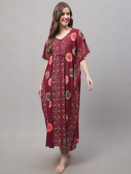 Secret Wish - Women's Maroon Cotton Kaftan with Batik Print