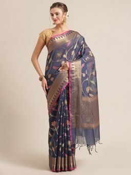 Banarasi Silk Works - Masrise Cotton Woven Saree Navy Blue with Unstitched Blouse
