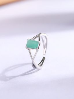 Ornate Jewels - 925 Silver Rhodium Plated Natural Emerald Solitaire Adjustable Ring for Women & Girls