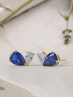 Ornate Jewels - 925 Silver Yellow Gold Blue Sapphire Toi Et Moi Stud Earring for Women & Girls