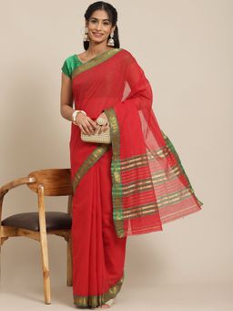 ISHIN - Womens Cotton Blend Maroon Solid Woven Saree with Unstitched Blouse