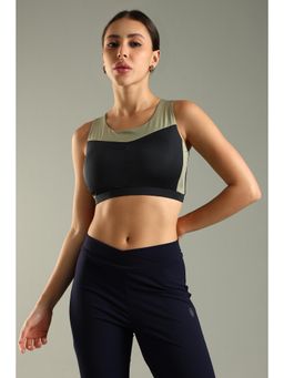 DOMIN8 - Women Black Elastic Waistband Colorblock Sports Bra
