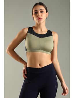 DOMIN8 - Women Olive Elastic Waistband Colorblock Sports Bra