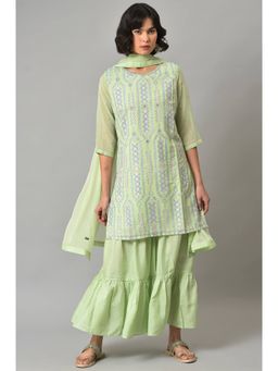 WISHFUL by W - Green Geometric Kurta and Sharara with Dupatta (Set of 3)