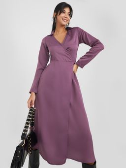 Styli - Purple Long Sleeves Plain Wrap Midi Dress