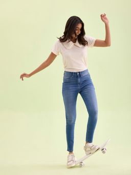 Go Colors - Women Solid Light Blue Denim Mid Rise Skinny Jeans