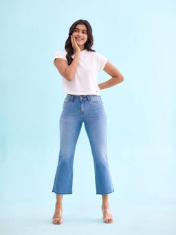 Go Colors - Women Solid Light Blue Denim Mid Rise Mini Flare Jeans