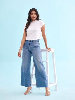 Go Colors - Women Solid Light Blue Denim High Rise Wide Jeans