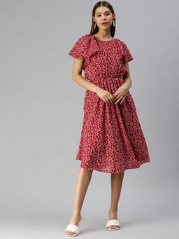 SHOWOFF - Women Red Printed Round Neck A-Line Dress