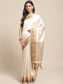 Readiprint - White And Off White Tussar Silk Saree with Unstitched Blouse