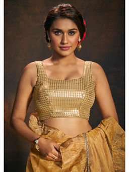 SALWAR STUDIO - Womens Gold Georgette Sleeveless Stitched Blouse with Sequins Work