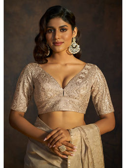 SALWAR STUDIO - Beige Sequin Embellished and Embroidered Plunging Neck Stitched Blouse