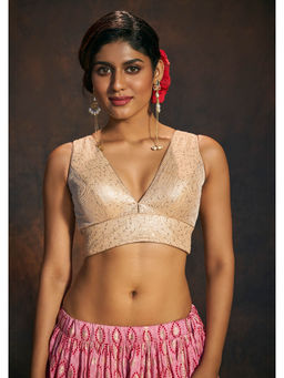 SALWAR STUDIO - Light Gold Sequin Embroidered V-Neck Sleeveless Stitched Blouse